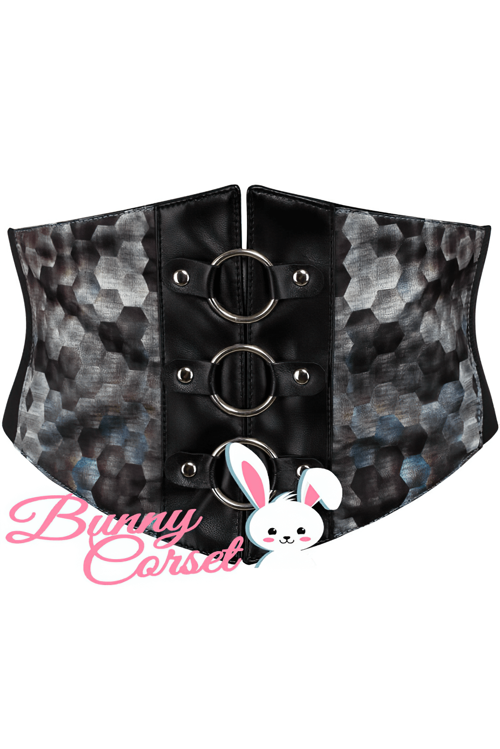 Stylish black and gray waist corset belt with metal rings and bunny charm for chic fashion statement.