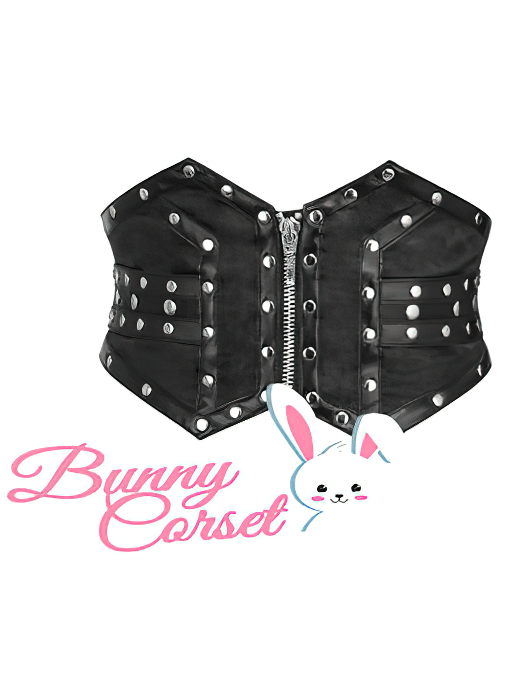 Waist-defining black corset with edgy studs and front zipper closure, perfect for stylish outfits.