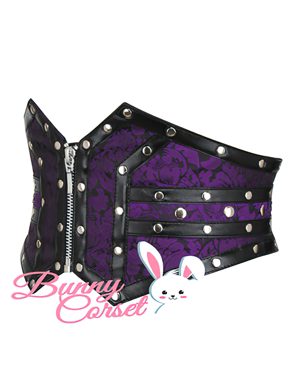 Purple brocade corset belt with zipper closure and studs for a bold silhouette.