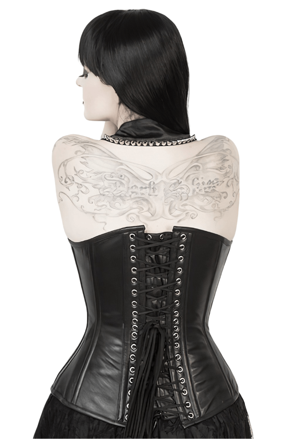 Back view of a gothic waist slimming overbust corset with steel boning and lace-up detailing in black faux leather.