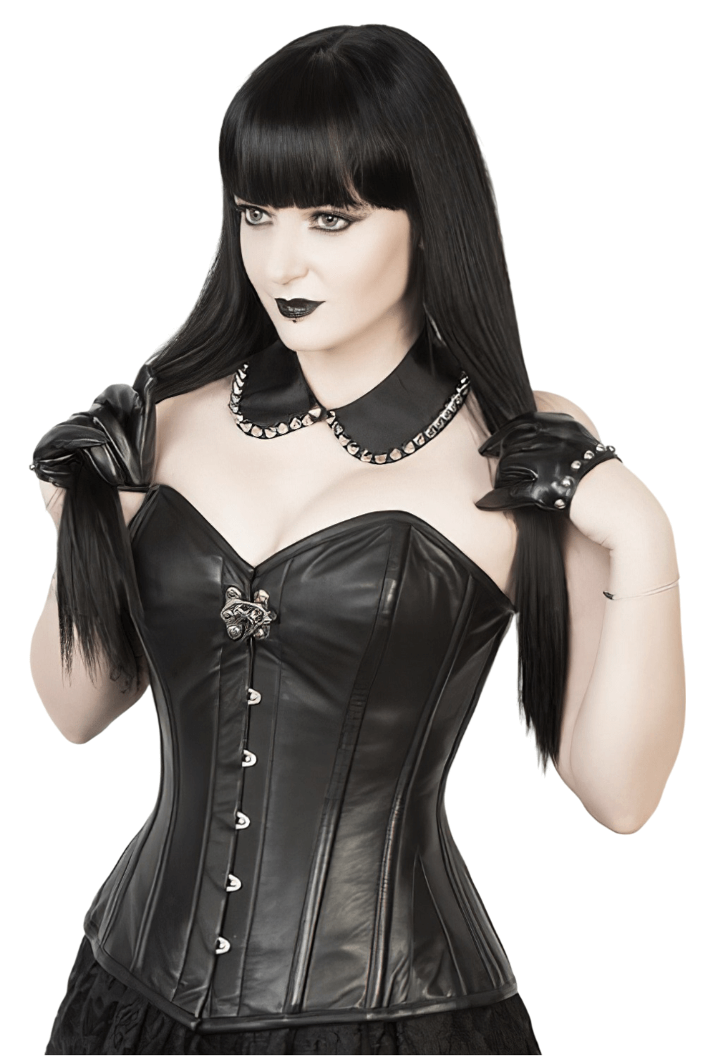 Gothic waist slimming overbust corset with steel boning, black faux leather finish, perfect for alternative fashion.