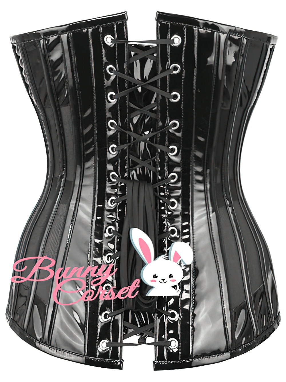 Stylish black PVC overbust corset with lace-up back and Bunny Corset logo, perfect for waist training and shaping.