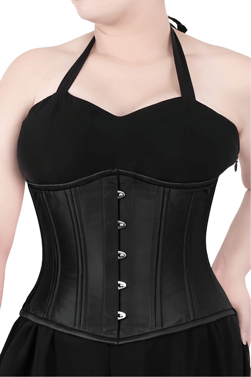 Waist training corset with steel boning, metal busk, and lace-up back for shaping and support.