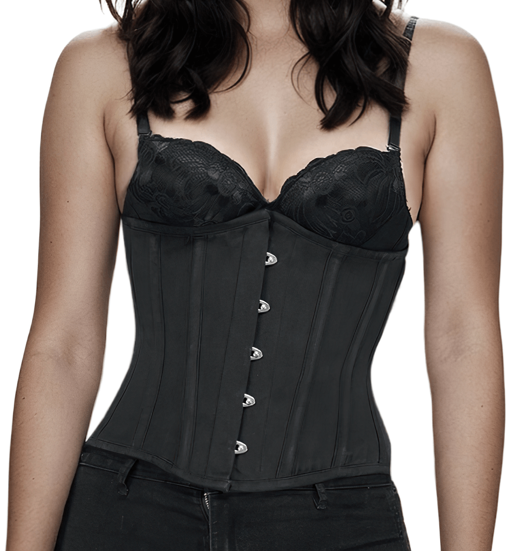 Classic black waist training corset with steel boning and metal busk for a defined silhouette.