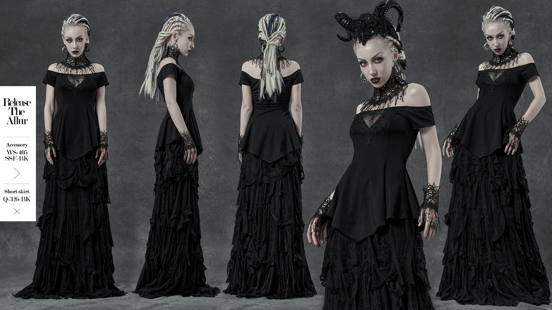A model showcases a black off-shoulder top with intricate lattice design and a ruffled skirt, embodying gothic elegance.