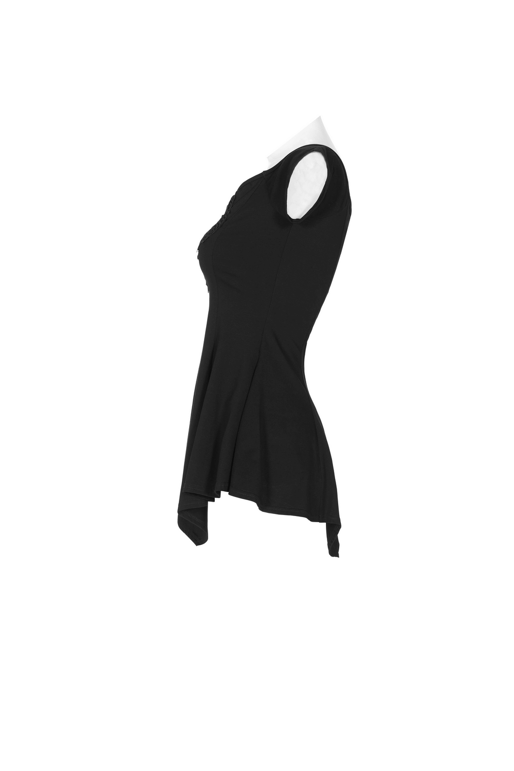Stylish waisted black off-shoulder T-shirt with floral embroidery, perfect for a relaxed, trendy look.