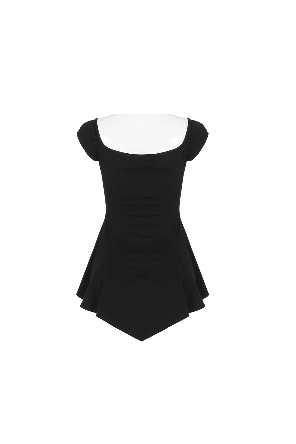 Back view of a sleek black off-shoulder t-shirt with short sleeves and a flared hem.