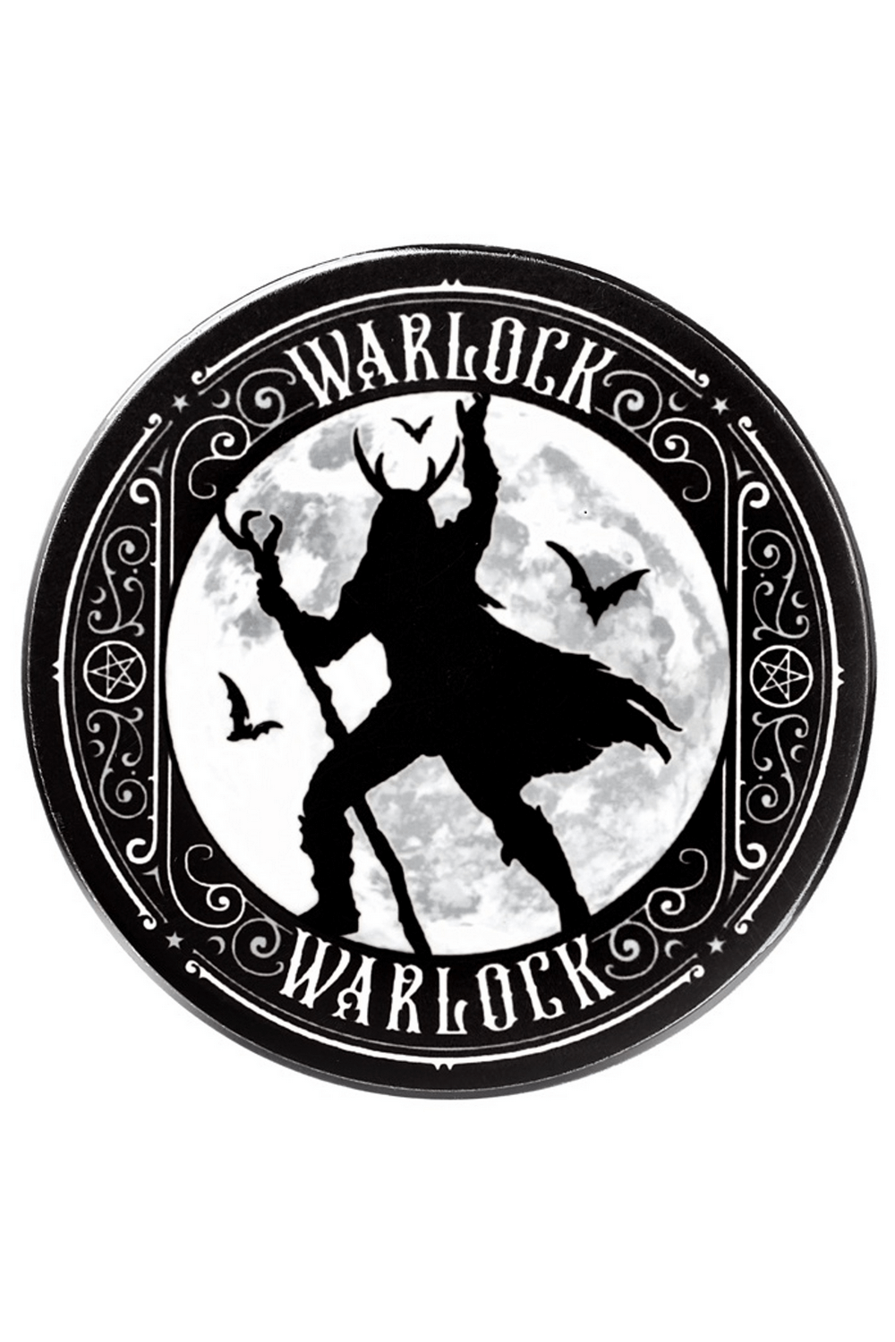 Gothic ceramic Warlock coaster featuring a silhouette against a full moon, perfect for magical home decor.