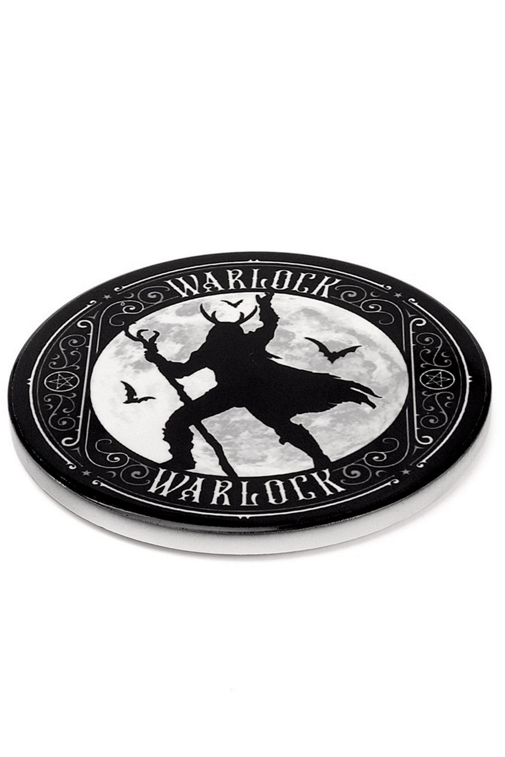 Gothic Warlock coaster featuring a silhouette of a warlock against a full moon design, perfect for magical home decor.