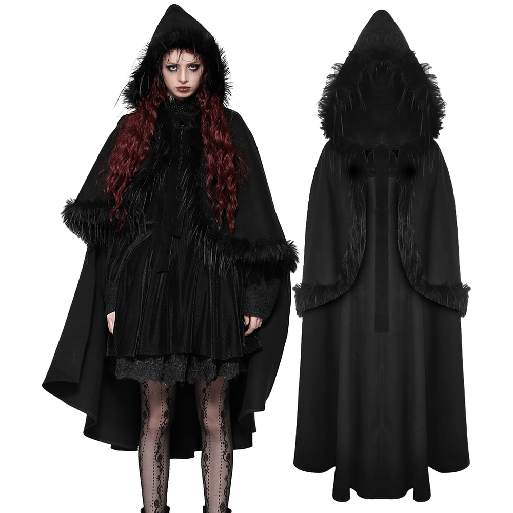 Elegant black hooded cape with faux fur trim, perfect for gothic fashion and dramatic looks. Ideal for cosplay and festivals.