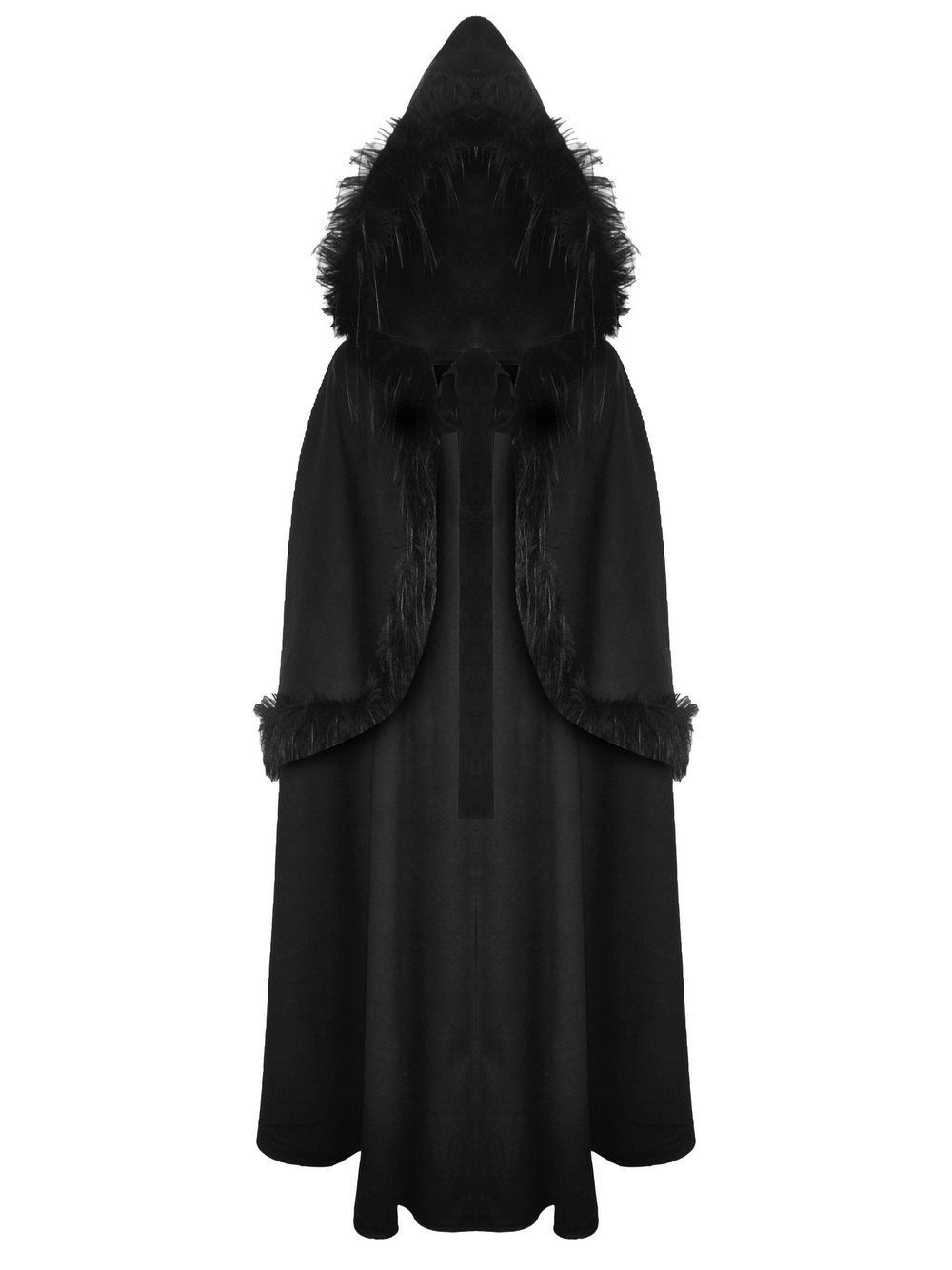 Elegant black hooded cape with faux fur trim, perfect for gothic-inspired looks and dramatic outfits.