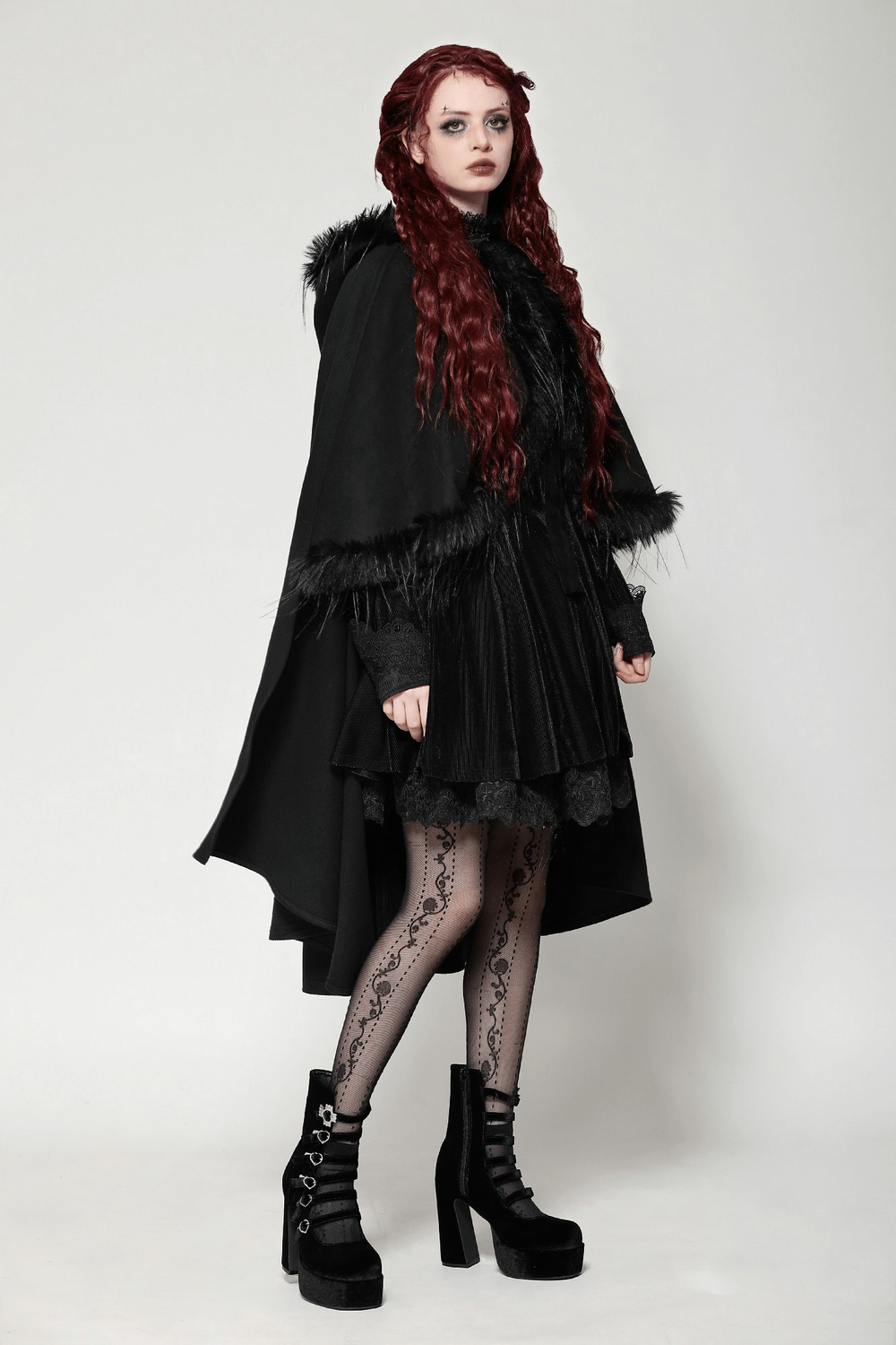 Elegant Gothic hooded cape with faux fur trim, perfect for mysterious looks and cosplay.