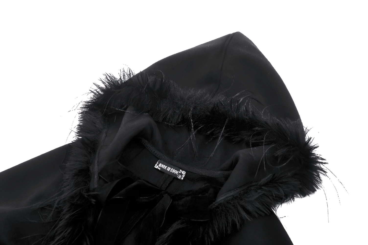 Close-up of the hood with faux fur trim on a black gothic hooded cape, showcasing its elegant design.