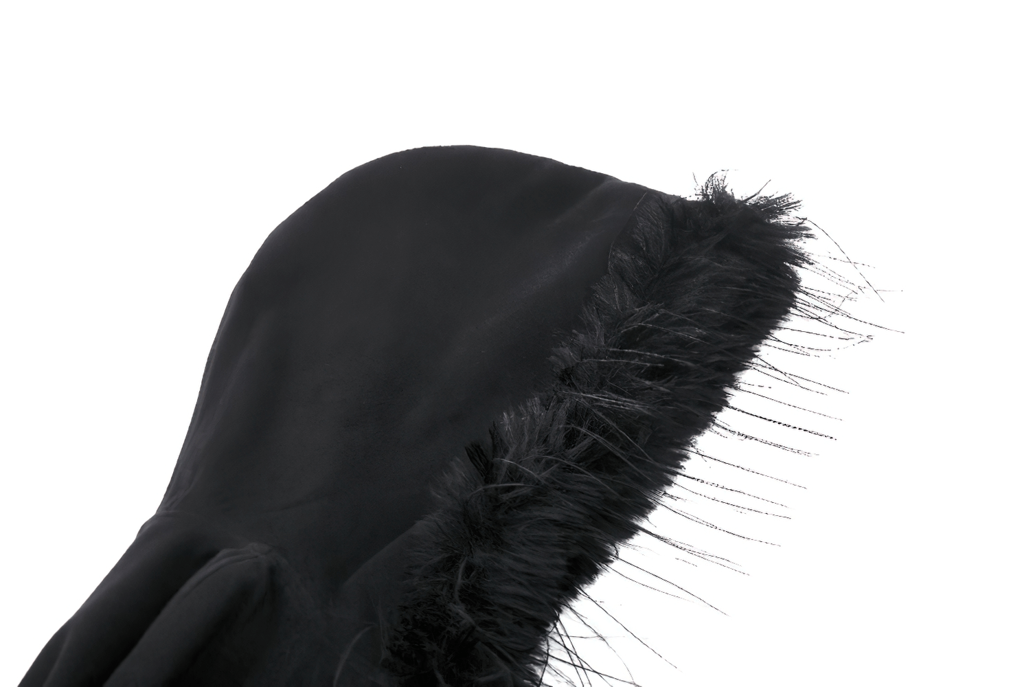 Close-up of a black hooded cape with soft faux fur trim, showcasing its elegant gothic design.