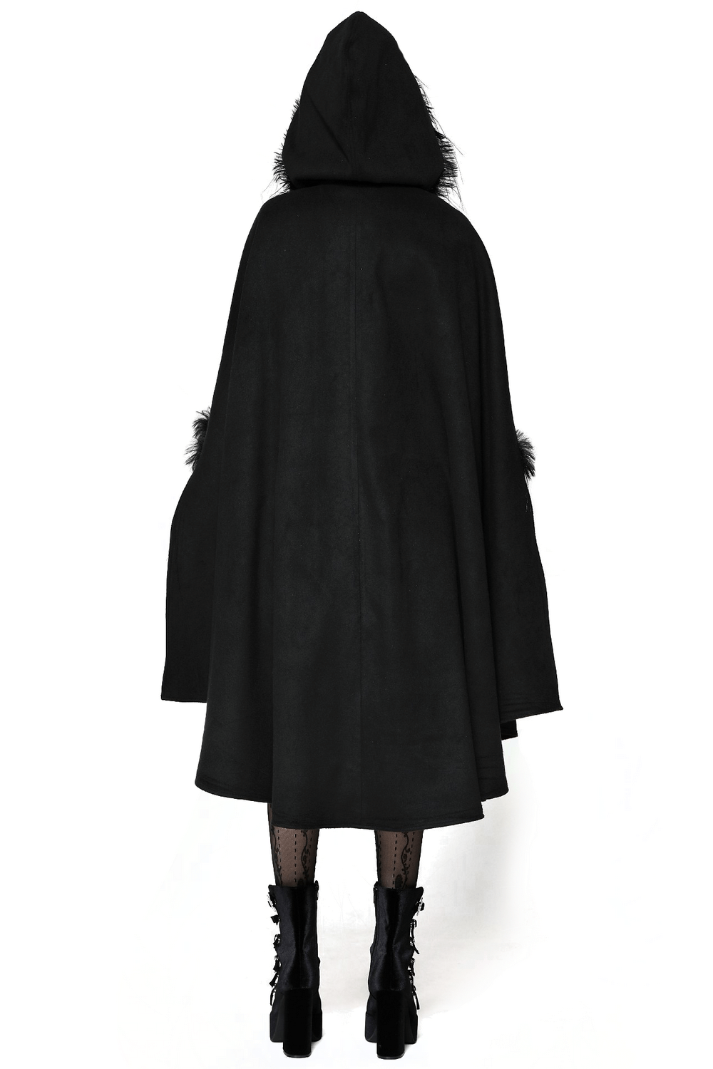 Elegant black hooded cape with faux fur trim, showcasing gothic style from the back with dramatic flow.