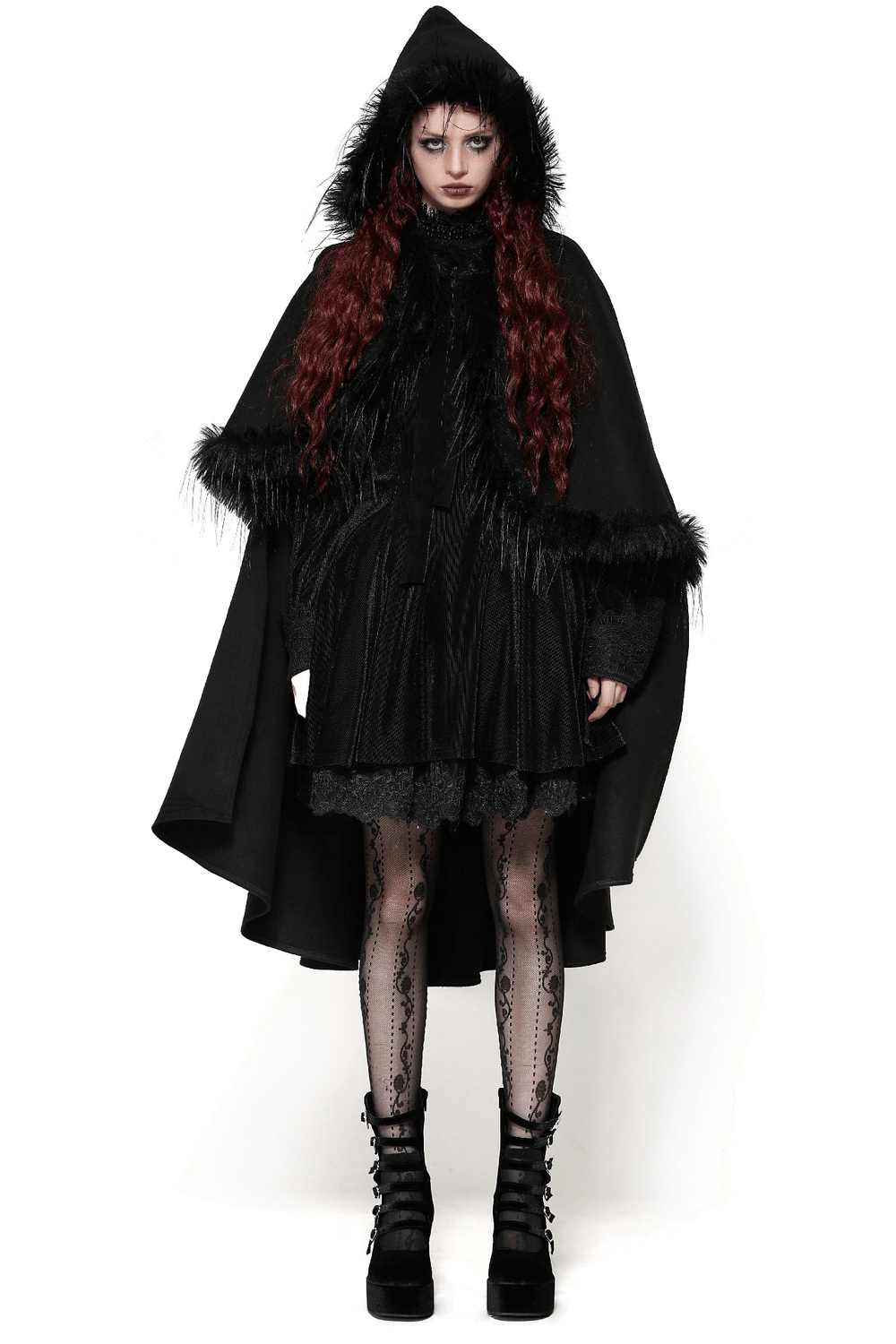 Elegant black hooded cape with faux fur trim, perfect for gothic fashion and dramatic looks. Ideal for cosplay and festivals.