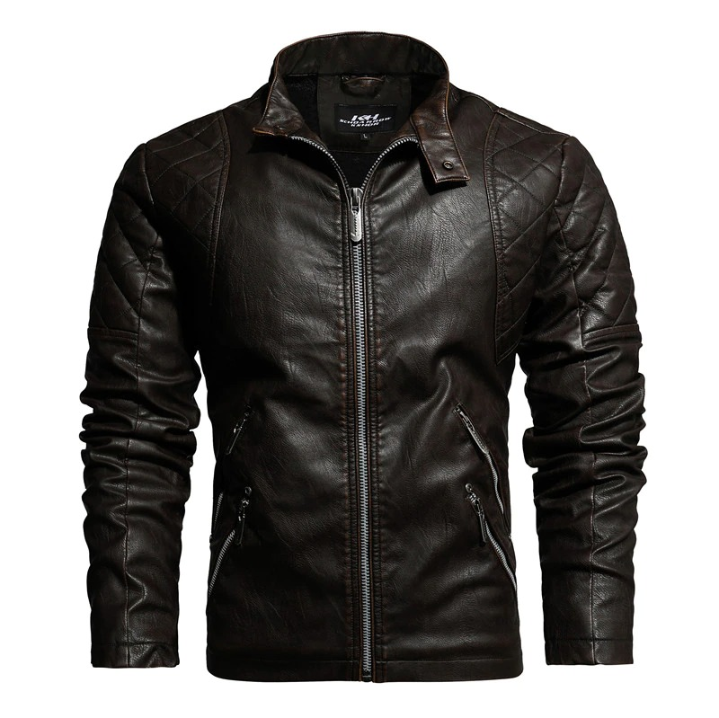 Warm PU Leather Jacket For Men / Motorcycle Jacket With Stand Collar - HARD'N'HEAVY