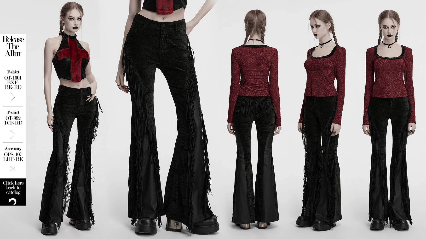 Wasteland black tassel flare pants with velvet detailing, paired with a gothic red top, showcasing a unique alternative style.