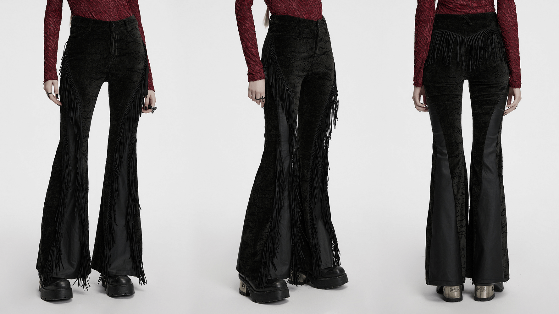 Wasteland black tassel flare pants with velvet detailing, showcasing unique flared legs and bold gothic style.