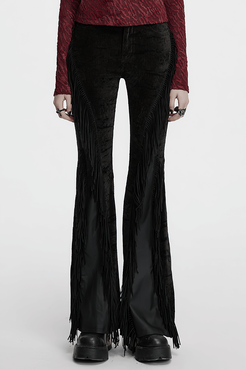 Wasteland black tassel flare pants with velvet detailing, featuring a unique gothic design and flattering silhouette.