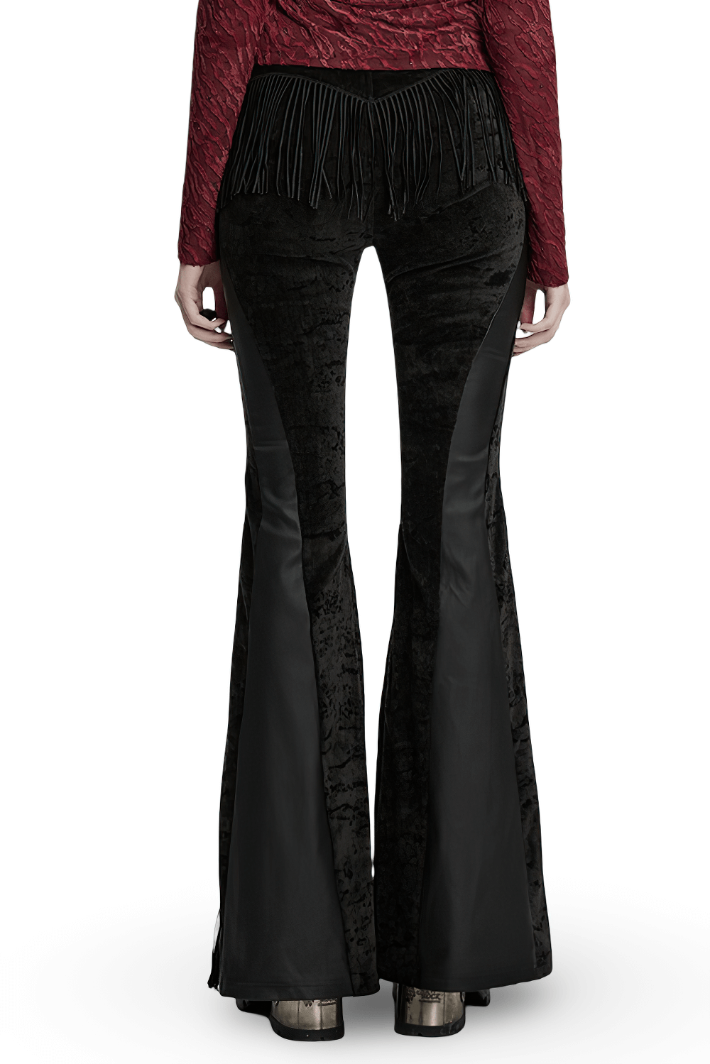 Back view of Wasteland Black Tassel Flare Pants with velvet detailing, showcasing unique tassels and flared design.