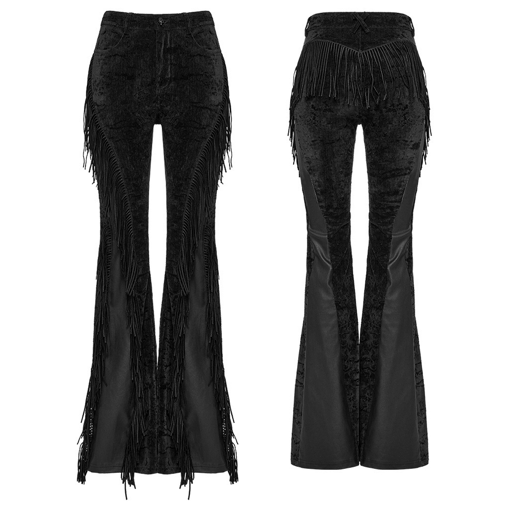 Wasteland black tassel flare pants with velvet detailing, showcasing a unique gothic design and flattering silhouette.