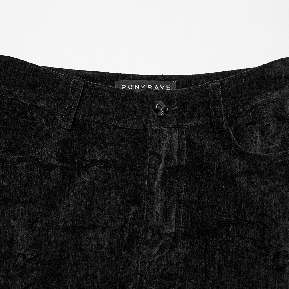 Wasteland Black Tassel Flare Pants close-up showing velvet detailing and Punk Rave label.