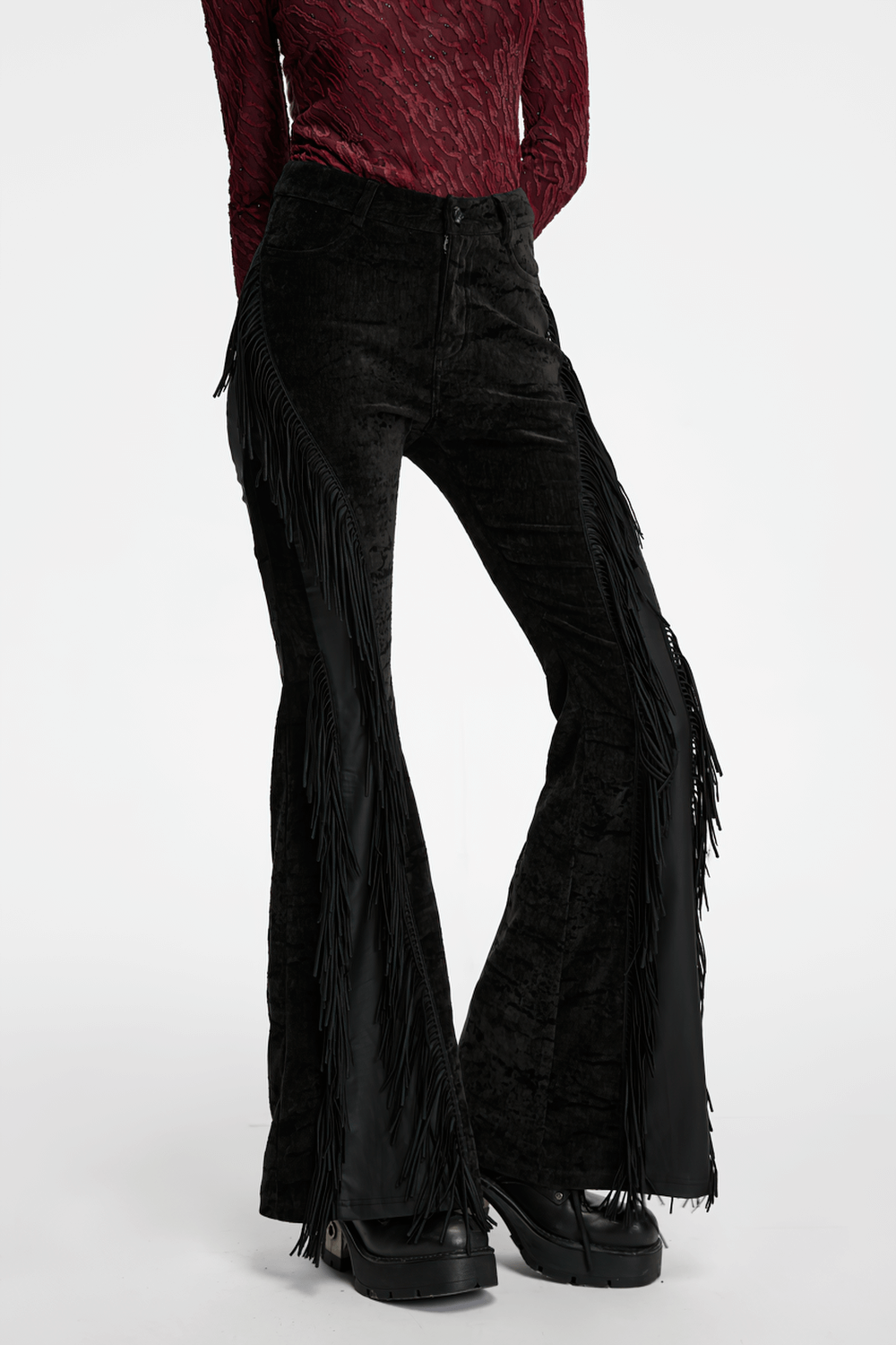 Wasteland Black Tassel Flare Pants with Velvet Detailing, showcasing a bold gothic style and unique fringe design.