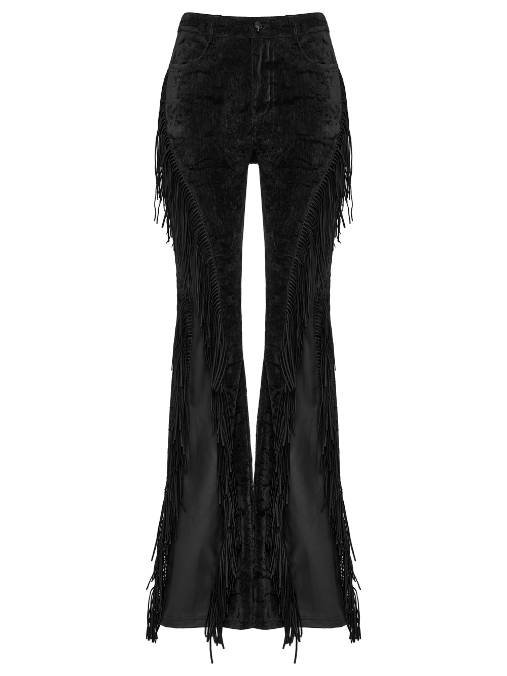 Wasteland black tassel flare pants with velvet detailing for a gothic alternative wardrobe.