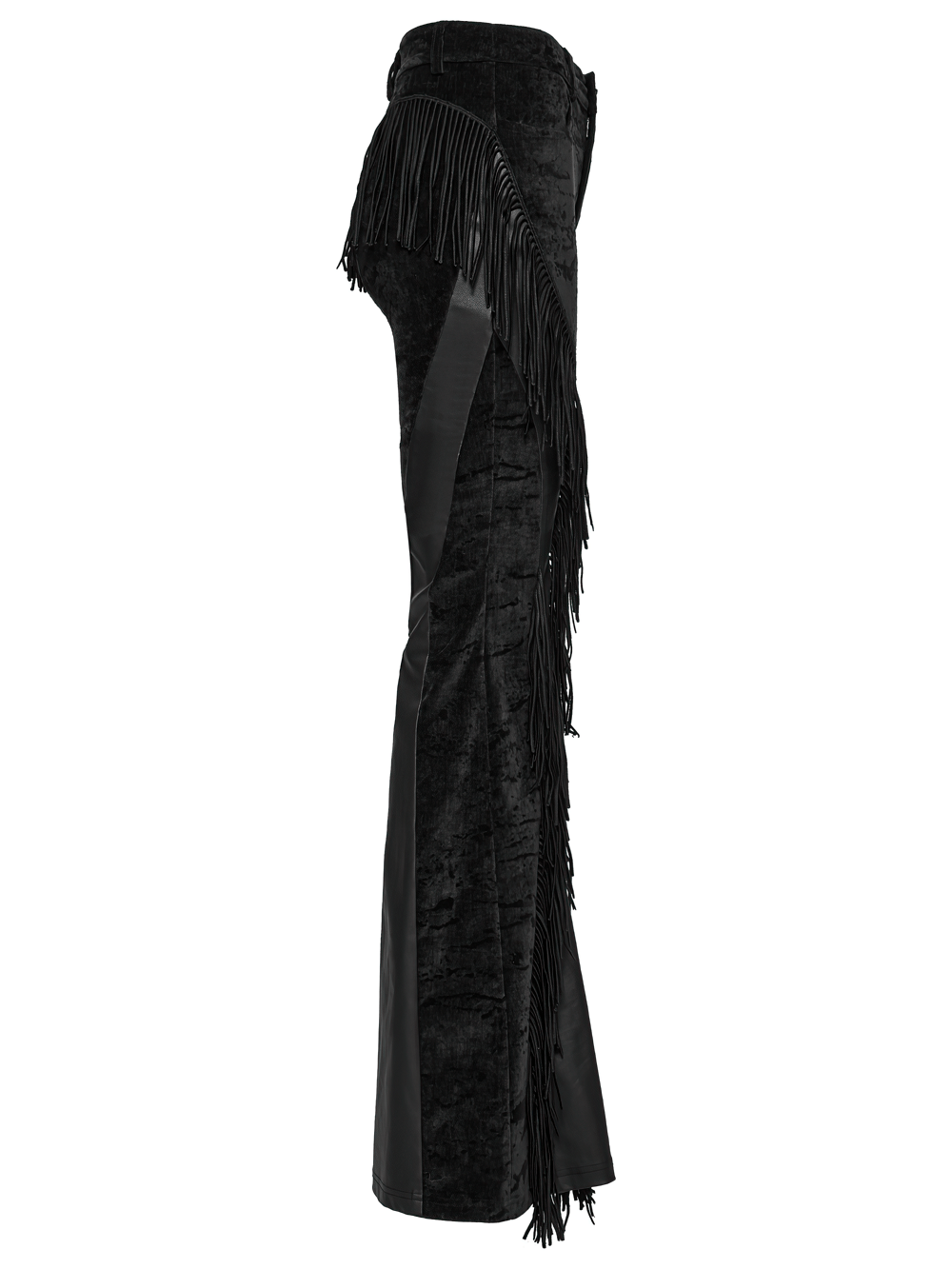 Wasteland black tassel flare pants showcasing velvet detailing and a striking silhouette, perfect for gothic fashion.
