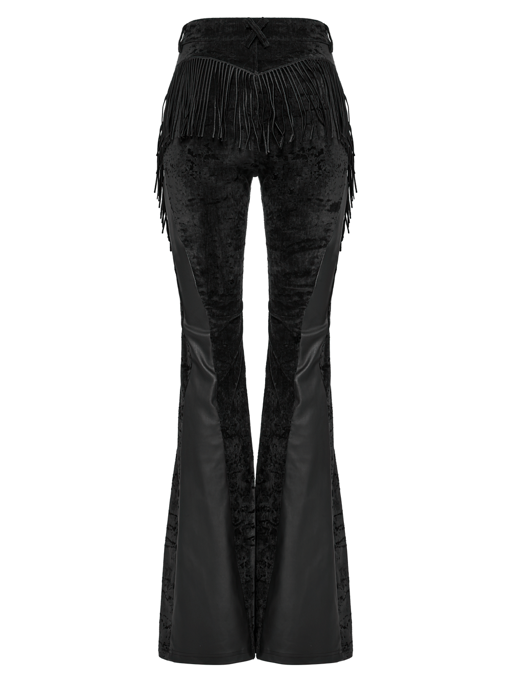 Wasteland black tassel flare pants with velvet detailing and dynamic fringes, perfect for an edgy gothic wardrobe.
