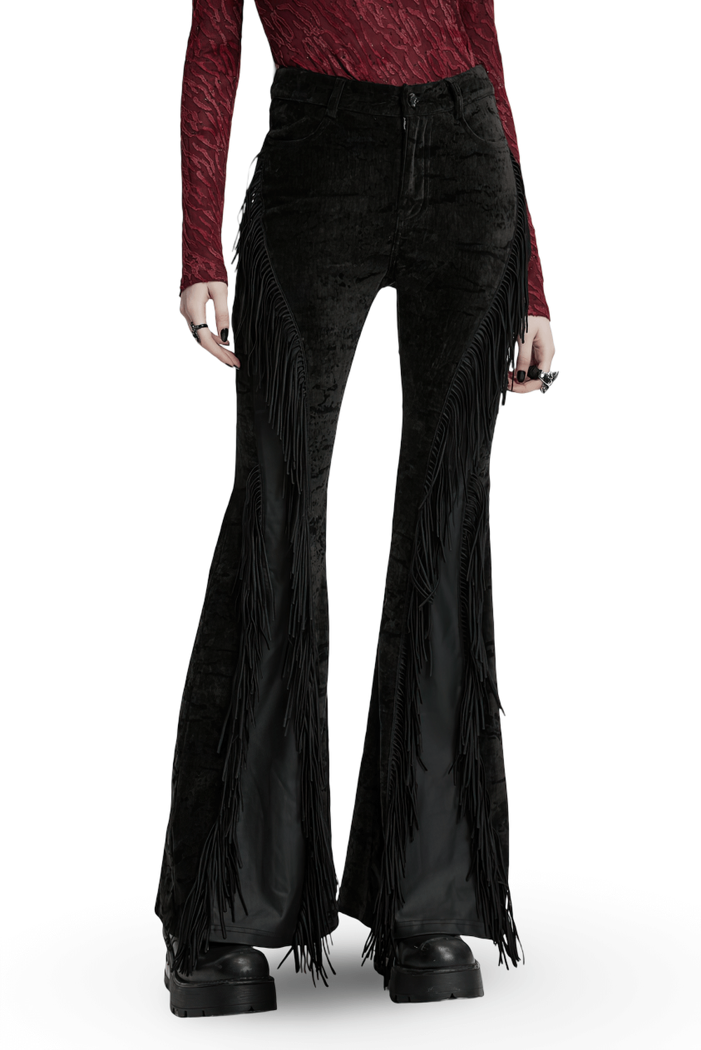 Wasteland black tassel flare pants with velvet detailing for gothic fashion, featuring a unique design and flattering silhouette.