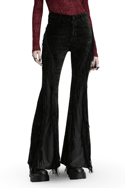 Wasteland Black Tassel Flare Pants with Velvet Detailing