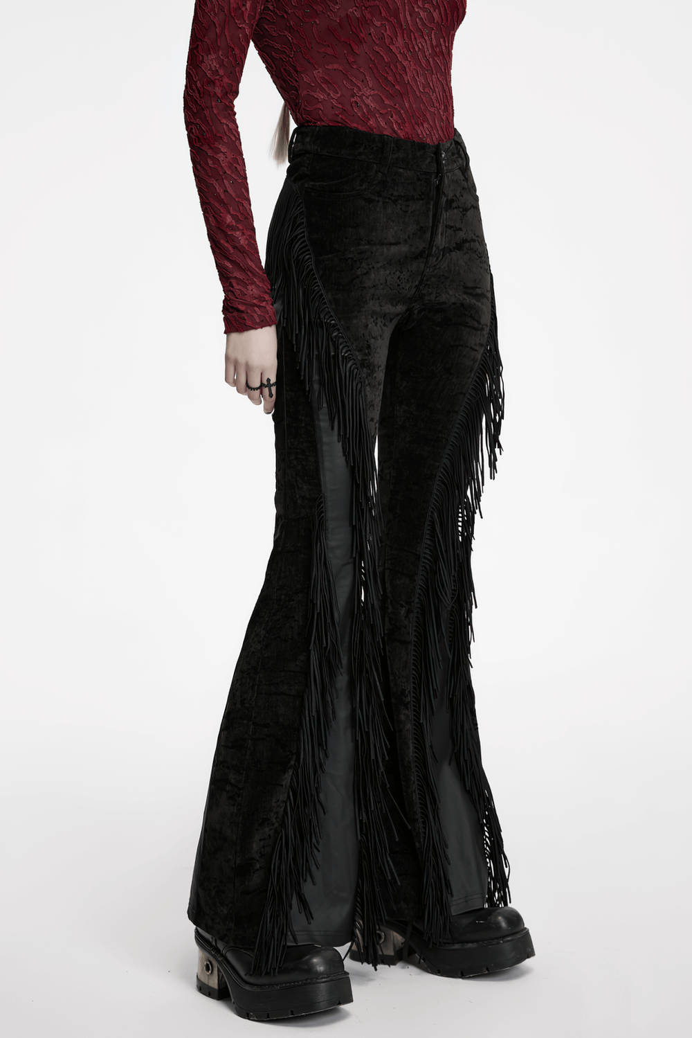 Wasteland black tassel flare pants with velvet detailing, perfect for gothic fashion and striking silhouettes.
