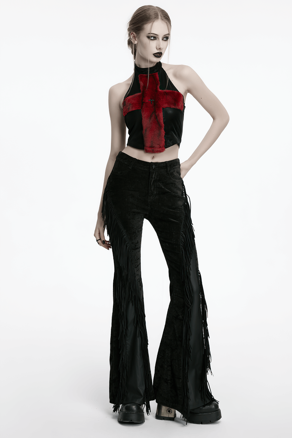 Gothic model wearing Wasteland Black Tassel Flare Pants with velvet detailing for a striking alternative style.