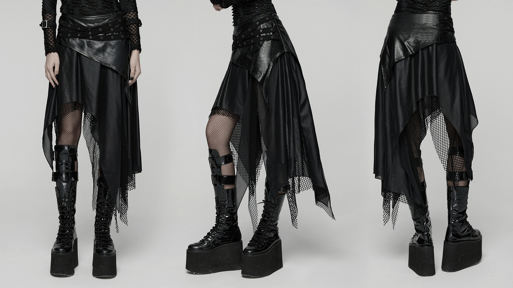 Wasteland Punk Skirt with Mesh and Faux Leather Design showcasing edgy layered styles and contrasting fabrics.