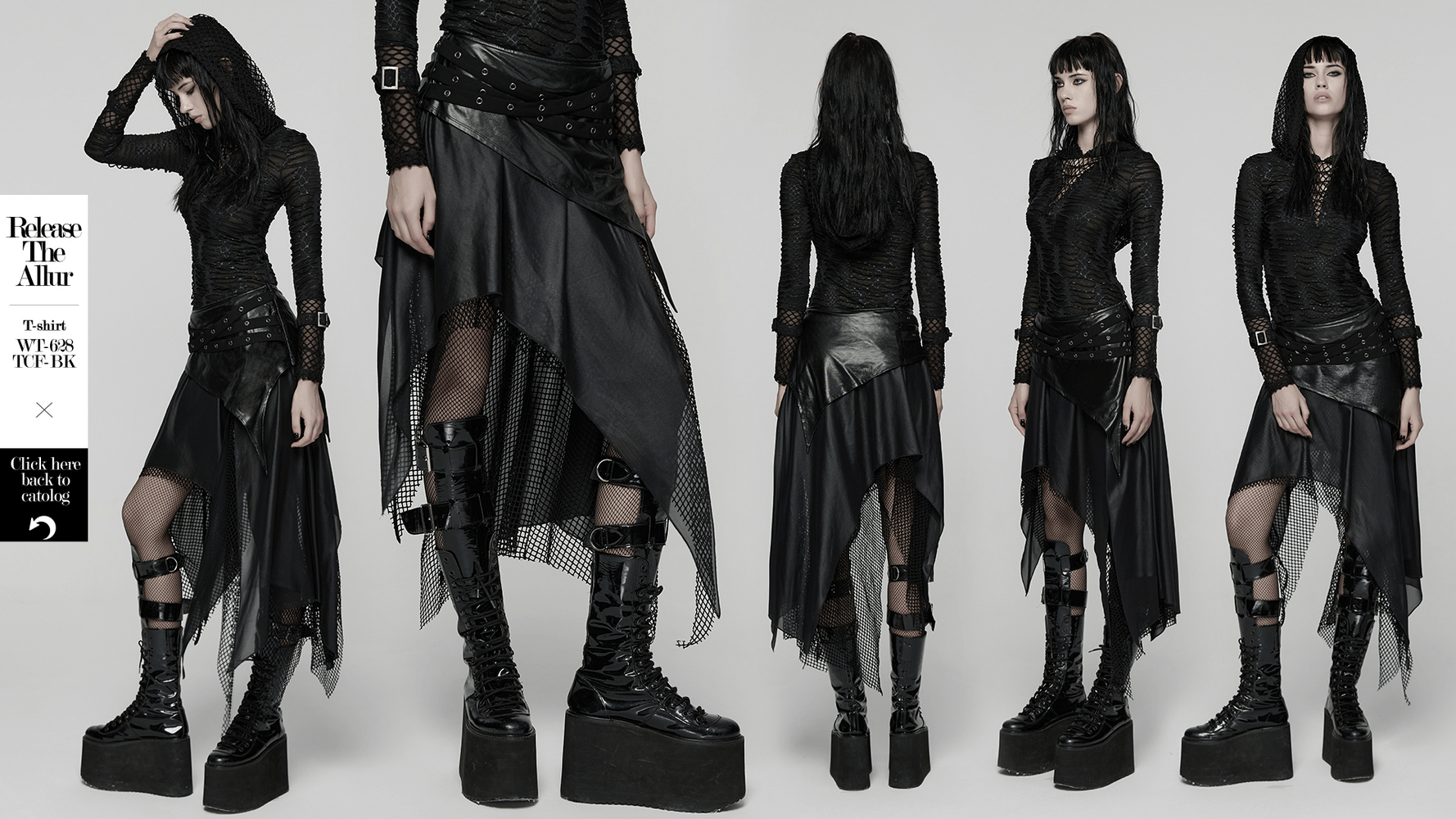 Wasteland Punk Skirt with Mesh and Faux Leather Design showcased on model with edgy styling and dramatic layers.