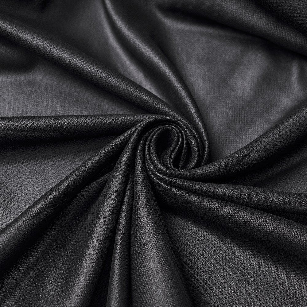 Close-up of shiny black fabric for Wasteland Punk Skirt with Mesh and Faux Leather Design.