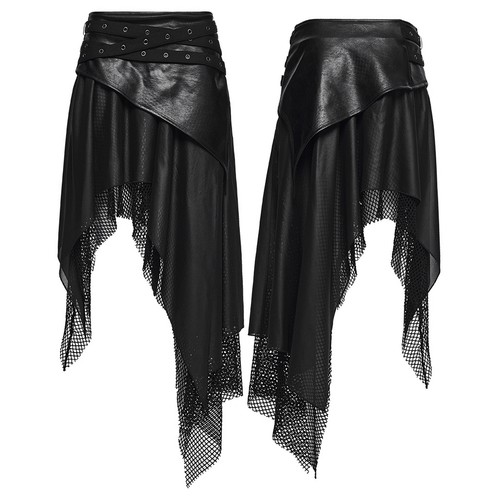 Wasteland Punk Skirt with Mesh and Faux Leather Design showcasing a dramatic asymmetrical cut with eyelet details.