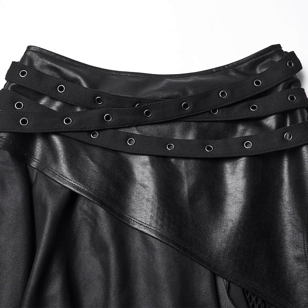 Wasteland Punk Skirt with Mesh and Faux Leather Design featuring eyelet belt detail and shiny fabric.