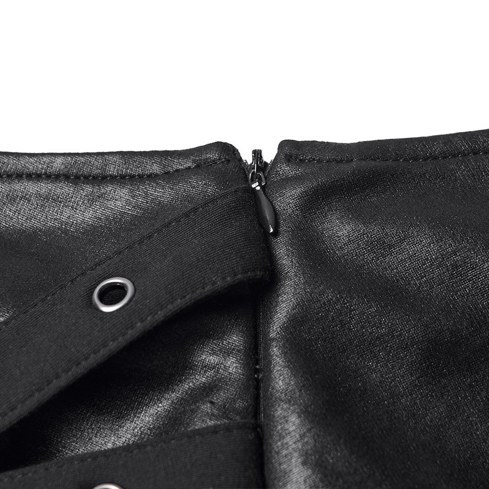 Close-up of Wasteland Punk Skirt with Mesh and Faux Leather Design showcasing zip and eyelet details.