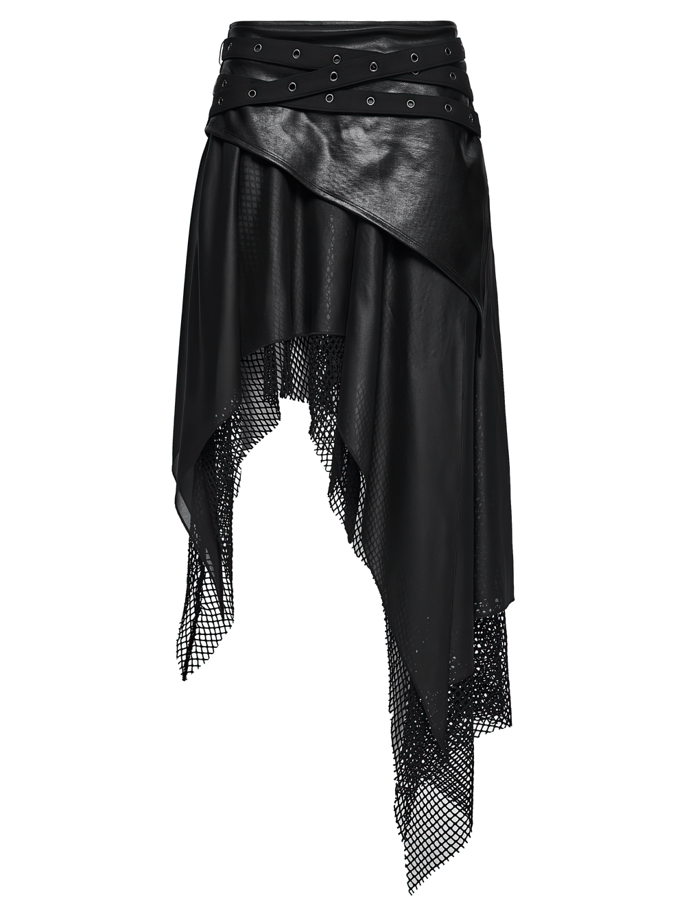 Wasteland Punk Skirt with Mesh and Faux Leather Design featuring an eyelet belt and edgy irregular hem.
