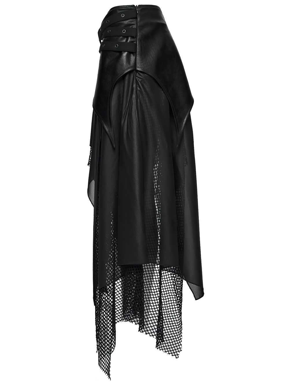 Wasteland Punk Skirt with Mesh and Faux Leather Design featuring eyelet belt and edgy layered design.