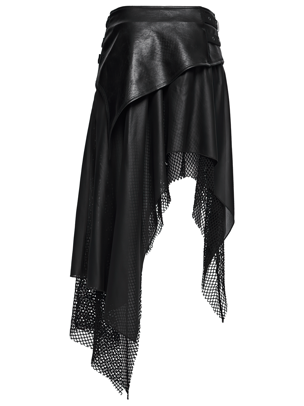 Wasteland Punk Skirt with Mesh and Faux Leather Design showcasing an edgy layered style with eyelet details.
