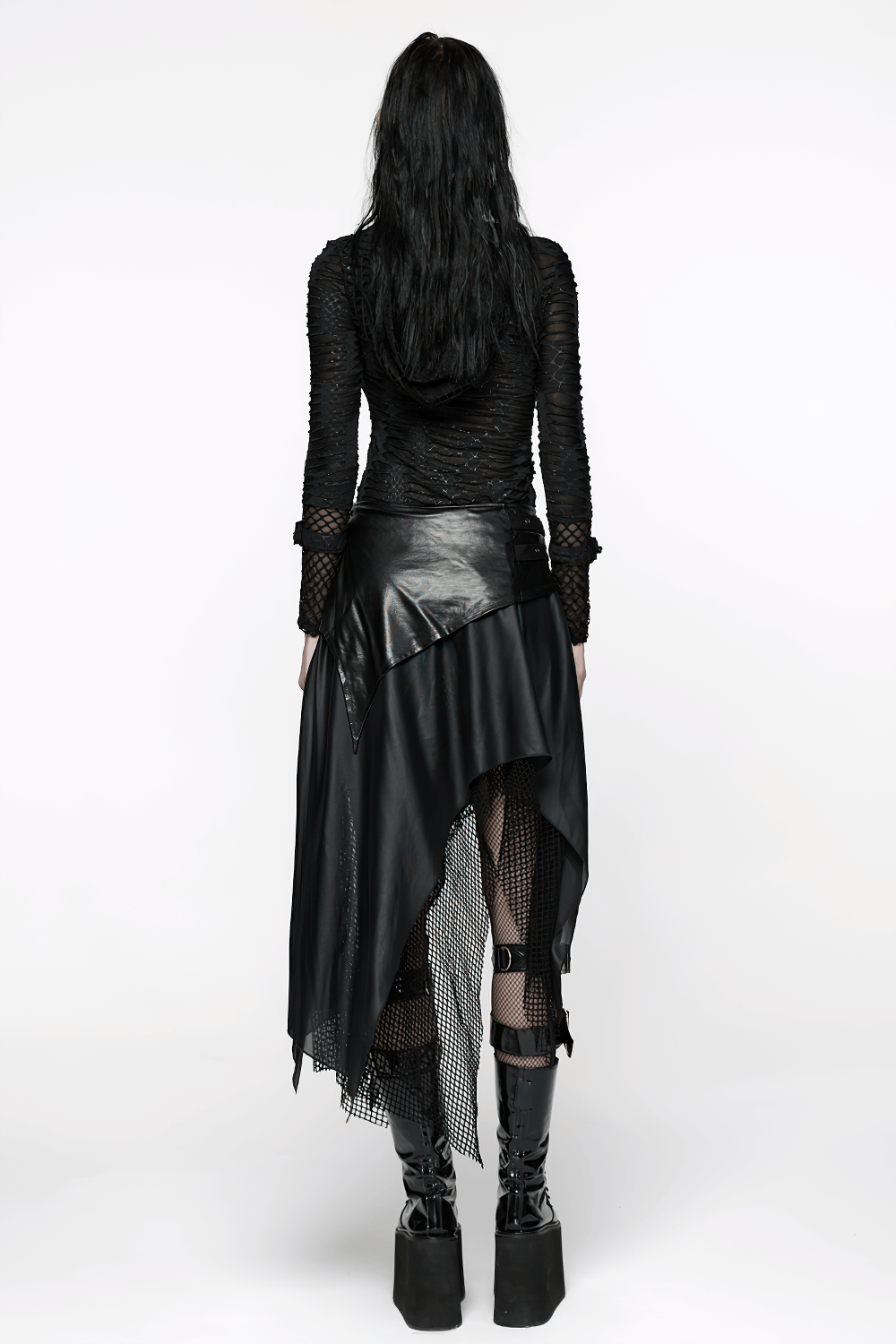 Wasteland Punk Skirt with Mesh and Faux Leather Design worn from the back, showcasing its edgy layered look and bold design.