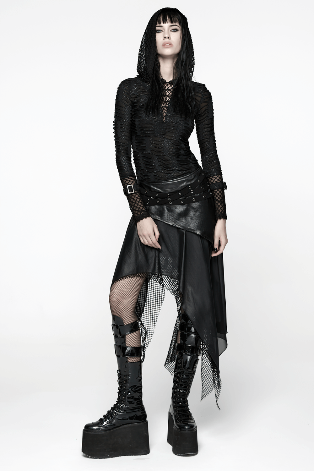 Wasteland Punk Skirt with Mesh and Faux Leather Design model showcasing edgy look with eyelet belt detail.