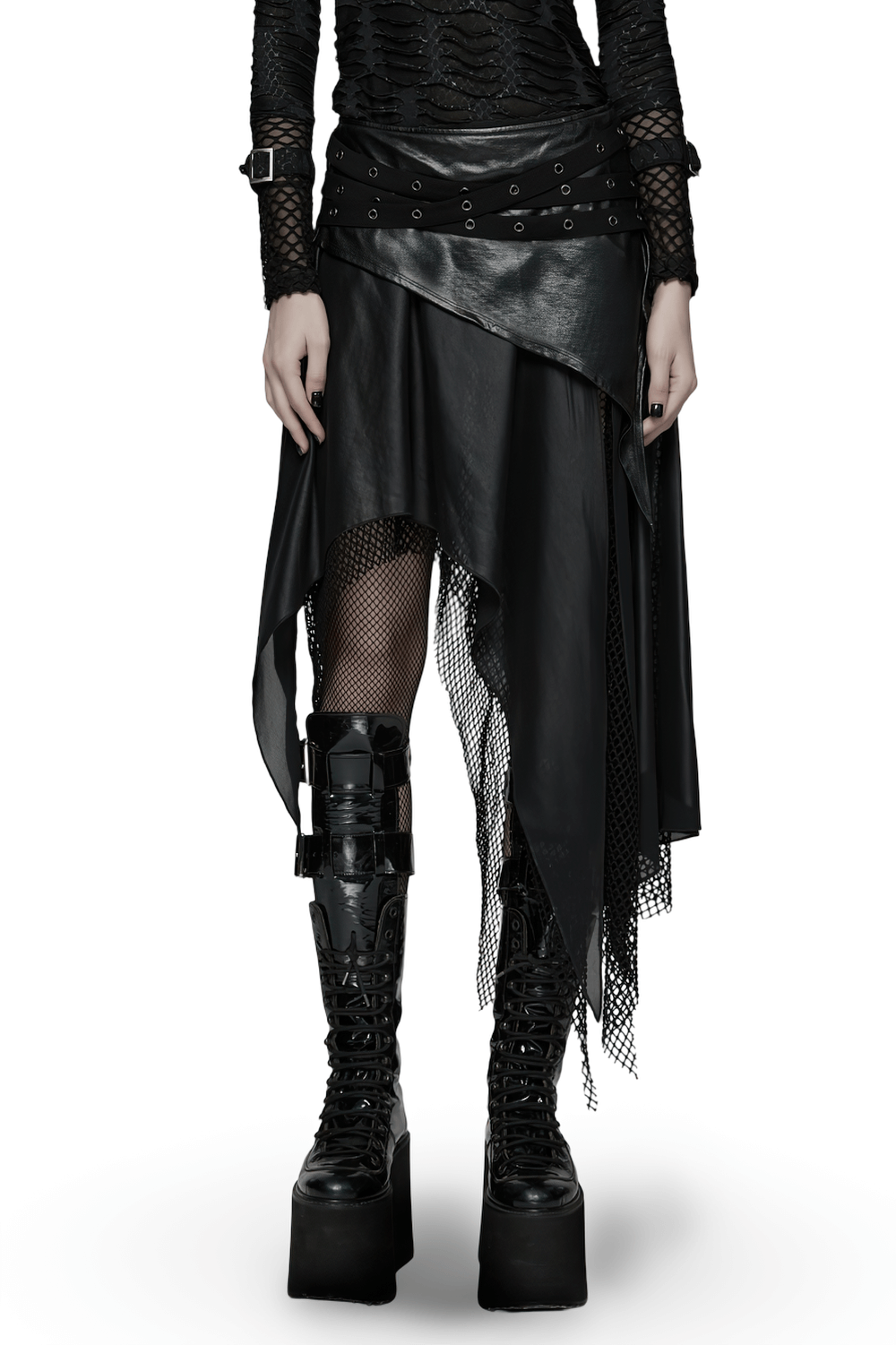 Wasteland Punk Skirt with Mesh and Faux Leather Design featuring eyelet belt and edgy layered look.