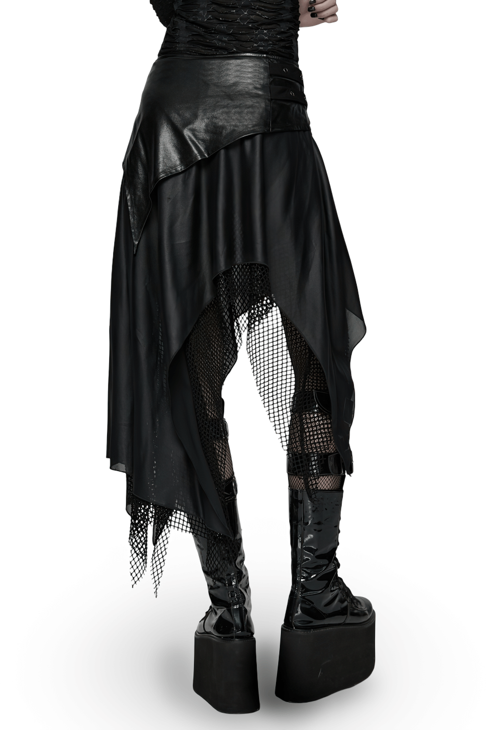 Wasteland Punk Skirt with Mesh and Faux Leather Design showing irregular cut and layered fabrics in black.
