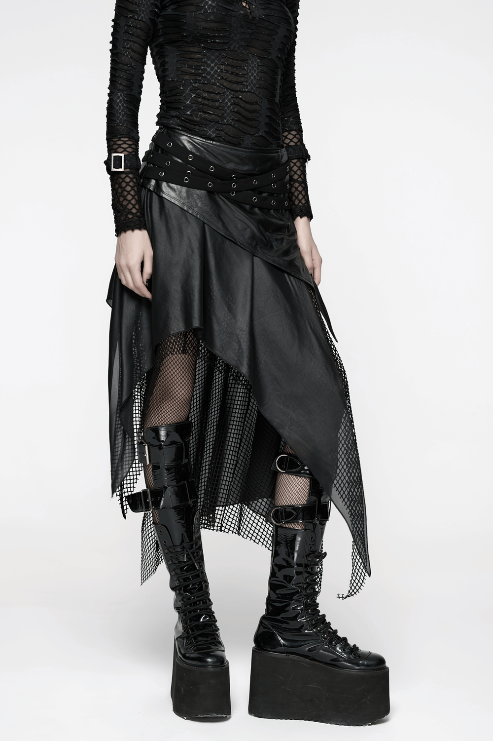 Wasteland Punk Skirt with Mesh and Faux Leather Design featuring eyelet details and edgy layered look.