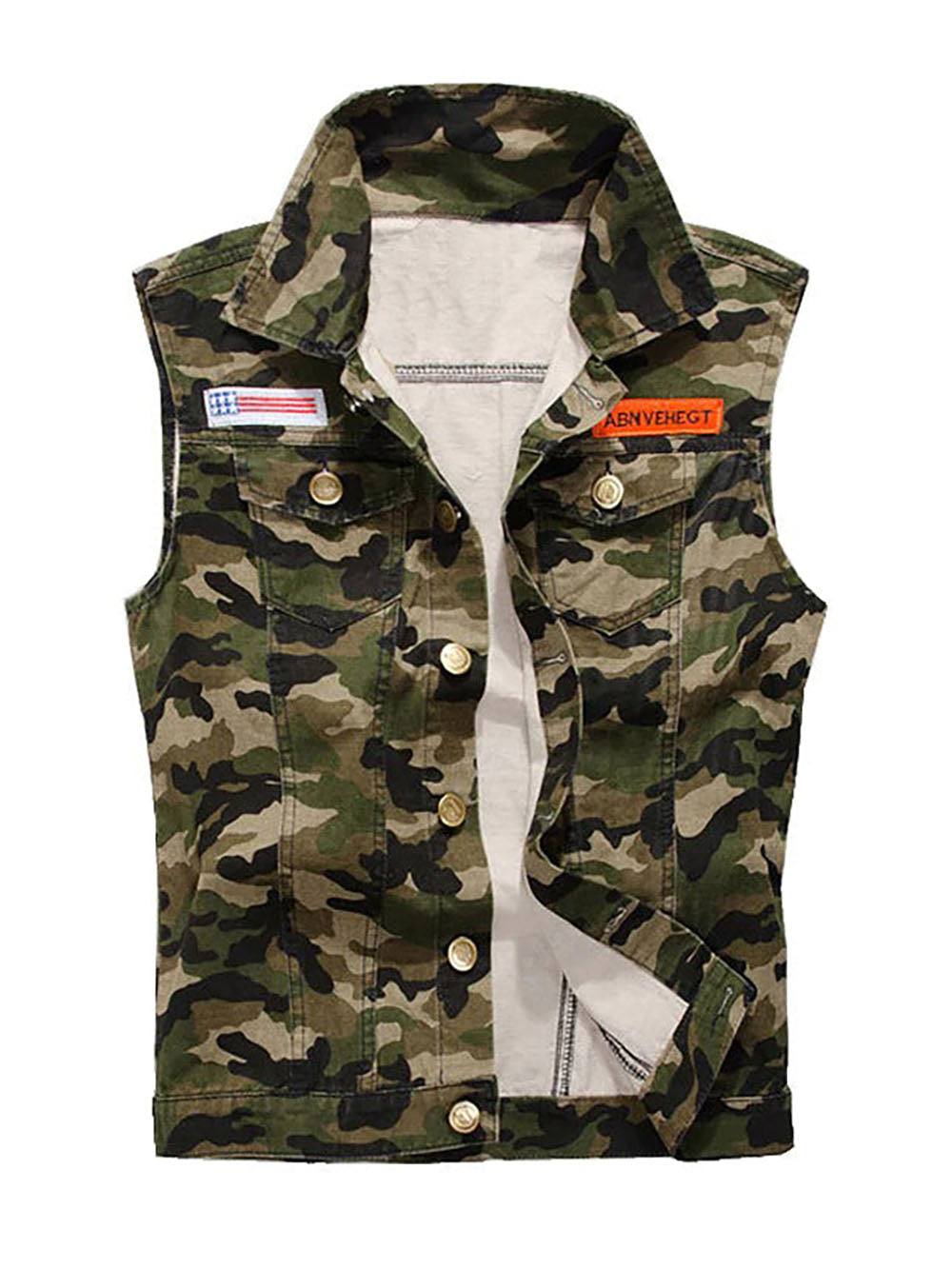 Water Washed Single-Breasted Camouflage Vest / Male Slim Sleeveless Top with Badge - HARD'N'HEAVY